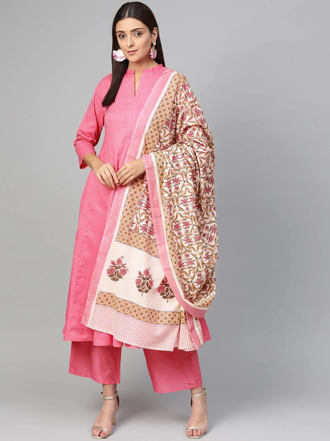 Bhama Couture Women Pink &amp; Off-White Solid Kurta with Palazzos &amp; Dupatta-BHKS231_L