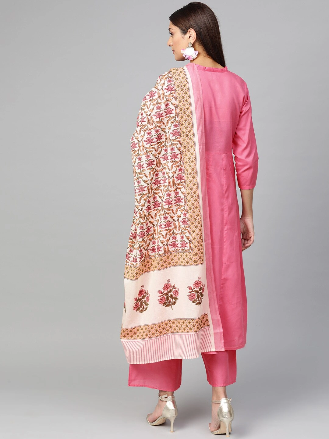 Bhama Couture Women Pink &amp; Off-White Solid Kurta with Palazzos &amp; Dupatta-L-3