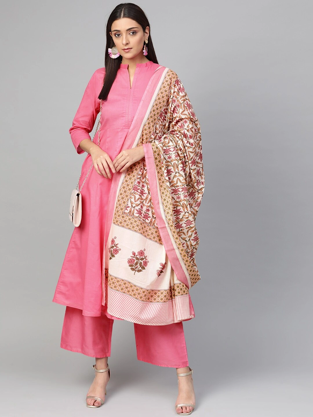 Bhama Couture Women Pink &amp; Off-White Solid Kurta with Palazzos &amp; Dupatta-XL-1