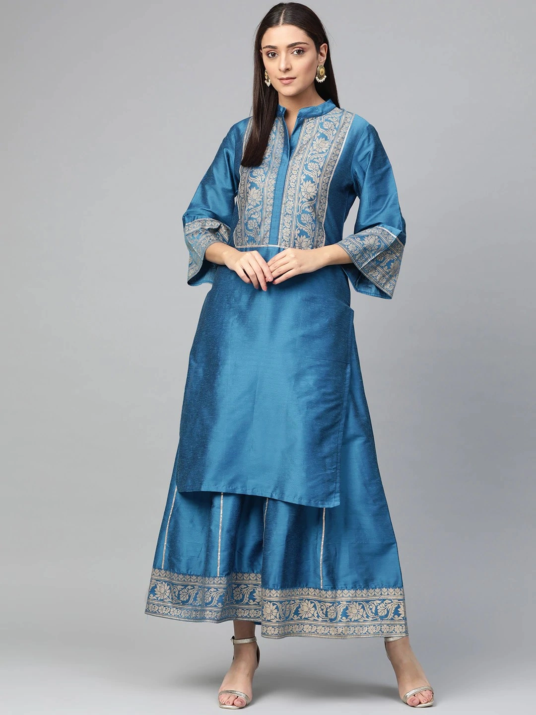 Bhama Couture Women Blue &amp; Golden Yoke Design Silk Kurta with Palazzos-BHKS232_L