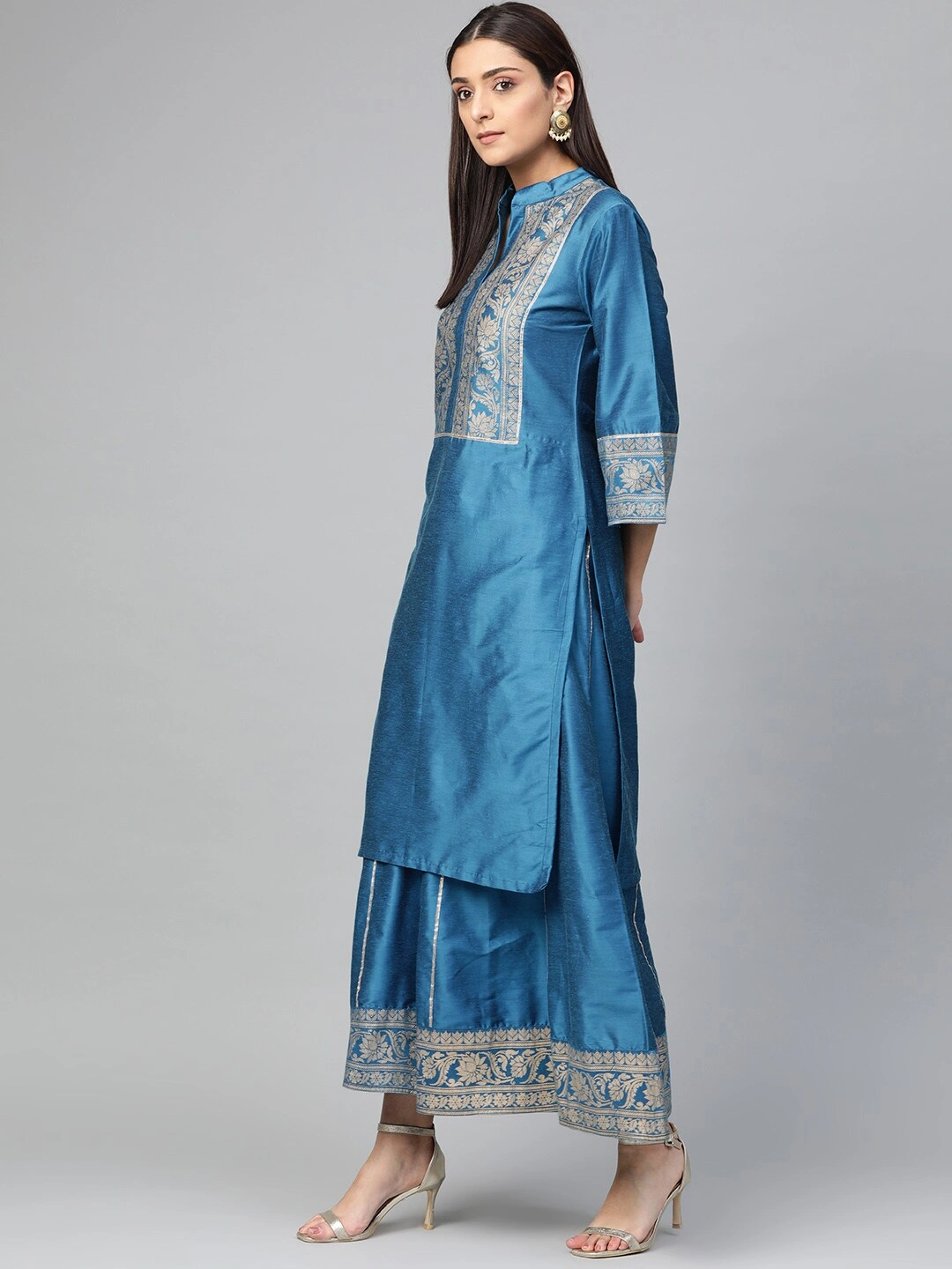 Bhama Couture Women Blue &amp; Golden Yoke Design Silk Kurta with Palazzos-L-2