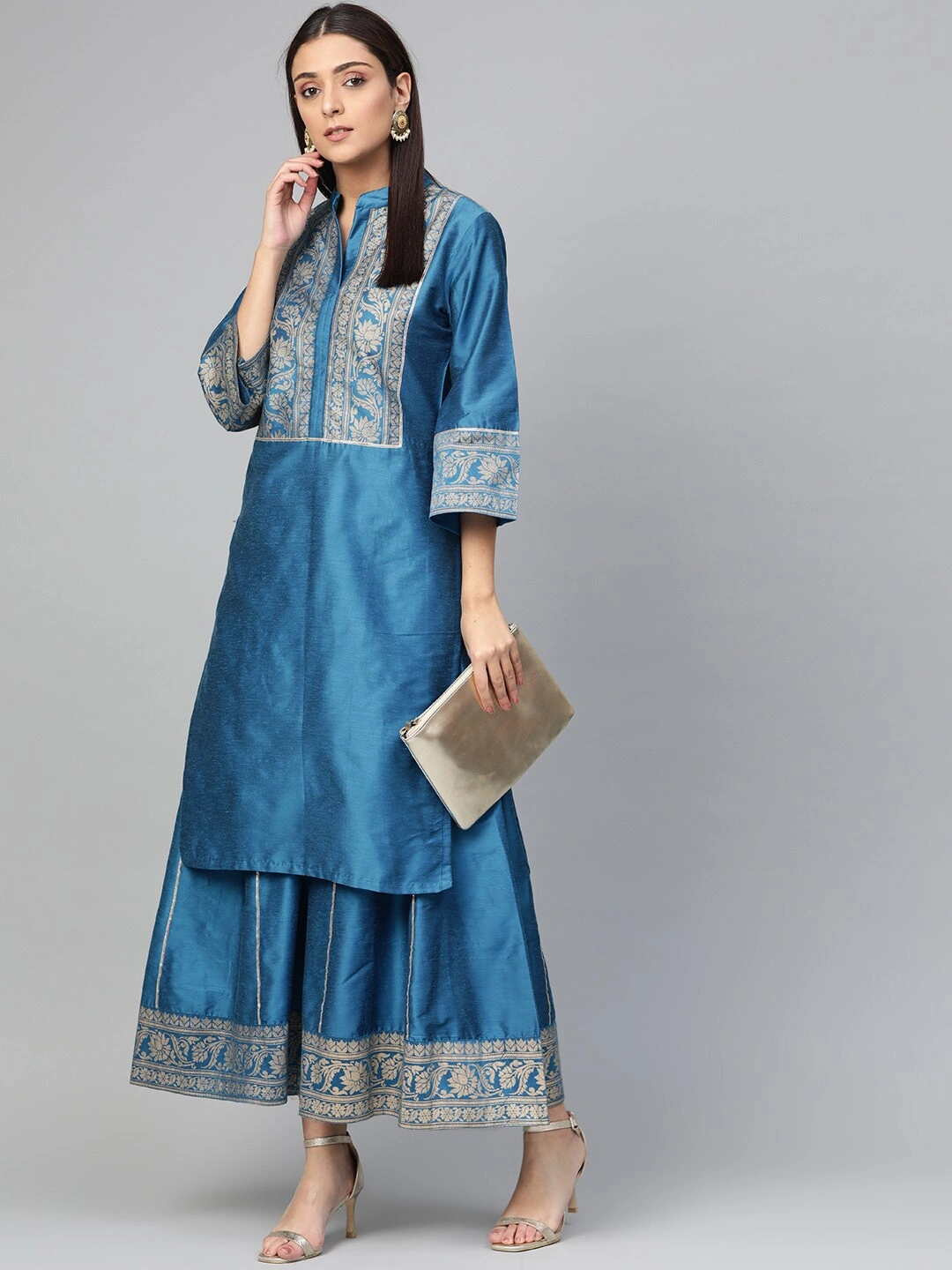 Bhama Couture Women Blue &amp; Golden Yoke Design Silk Kurta with Palazzos-M-1