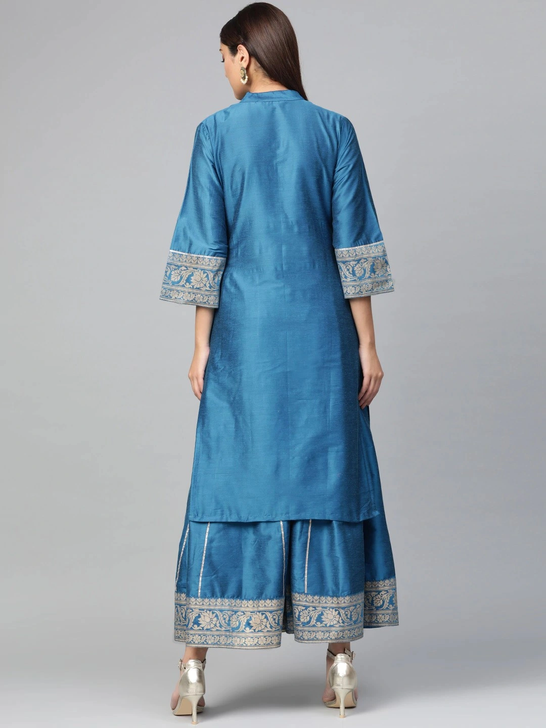 Bhama Couture Women Blue &amp; Golden Yoke Design Silk Kurta with Palazzos-M-3