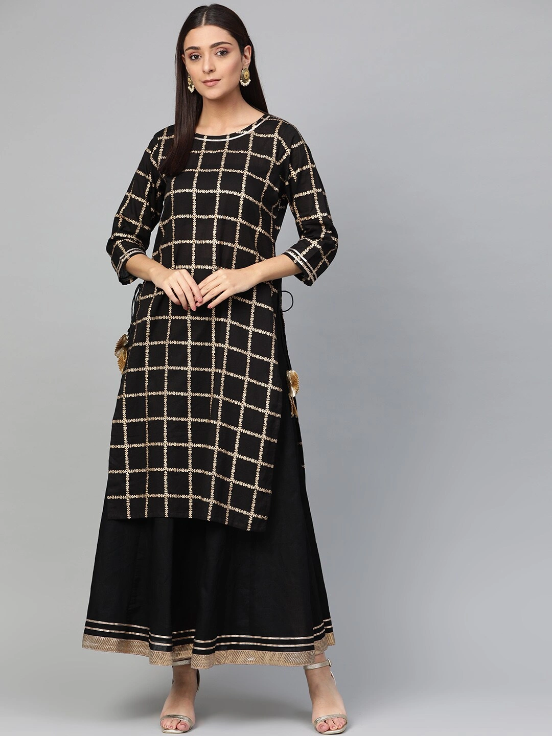 Bhama Couture Women Black &amp; Golden Foil Checked Kurta with Skirt-BHKS233_L