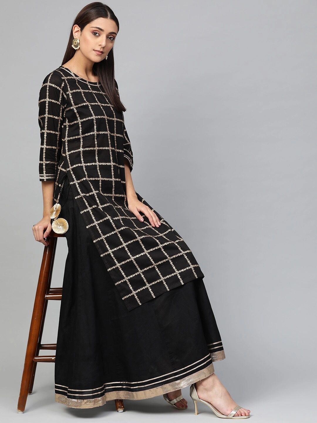 Bhama Couture Women Black &amp; Golden Foil Checked Kurta with Skirt-L-1