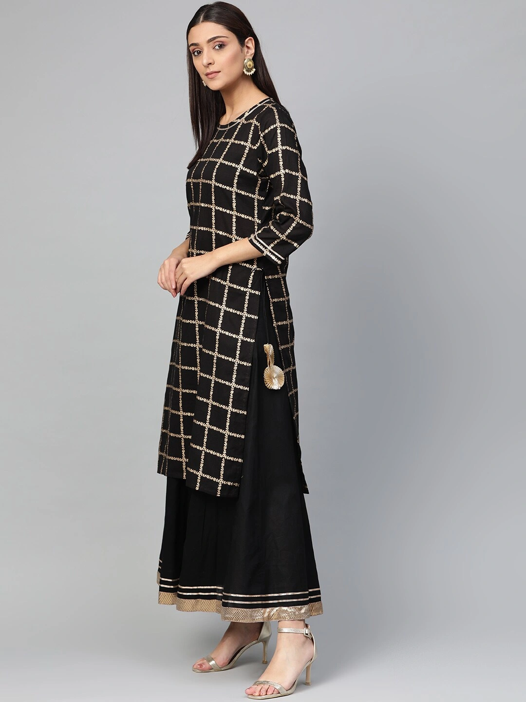 Bhama Couture Women Black &amp; Golden Foil Checked Kurta with Skirt-M-2