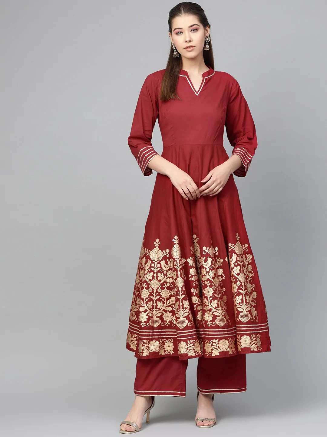 Bhama Couture Women Maroon &amp; Golden Printed Anarkali Kurta with Palazzos-BHKS234_L