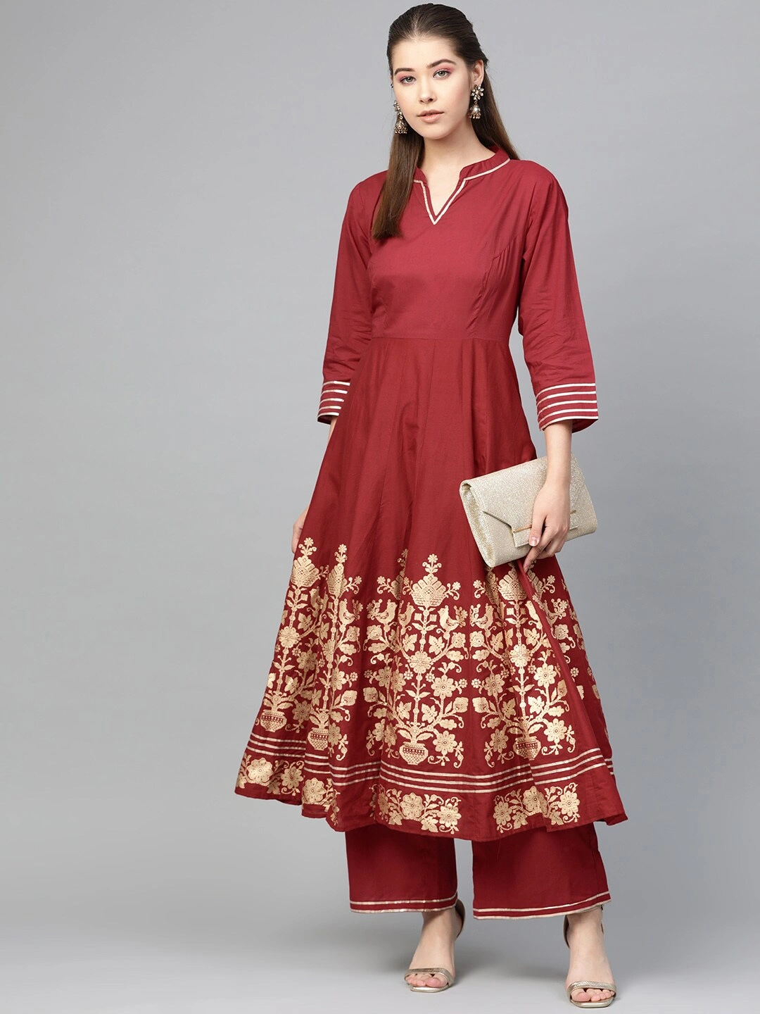 Bhama Couture Women Maroon &amp; Golden Printed Anarkali Kurta with Palazzos-L-1