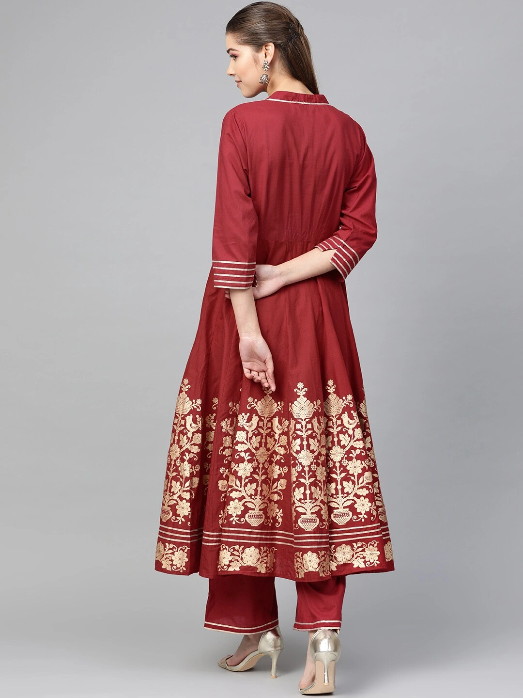 Bhama Couture Women Maroon &amp; Golden Printed Anarkali Kurta with Palazzos-L-3