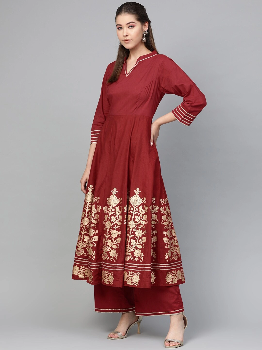 Bhama Couture Women Maroon &amp; Golden Printed Anarkali Kurta with Palazzos-XL-2