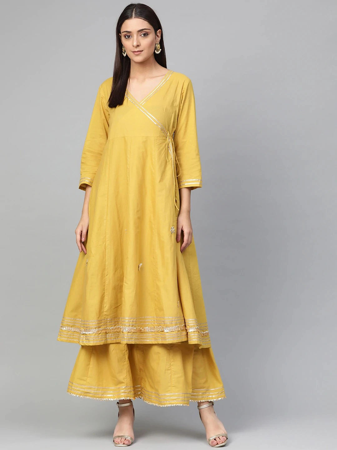 Bhama Couture Women Mustard Yellow Solid Gotta Patti Work Angrakha Kurta with Skirt-BHKS235_L