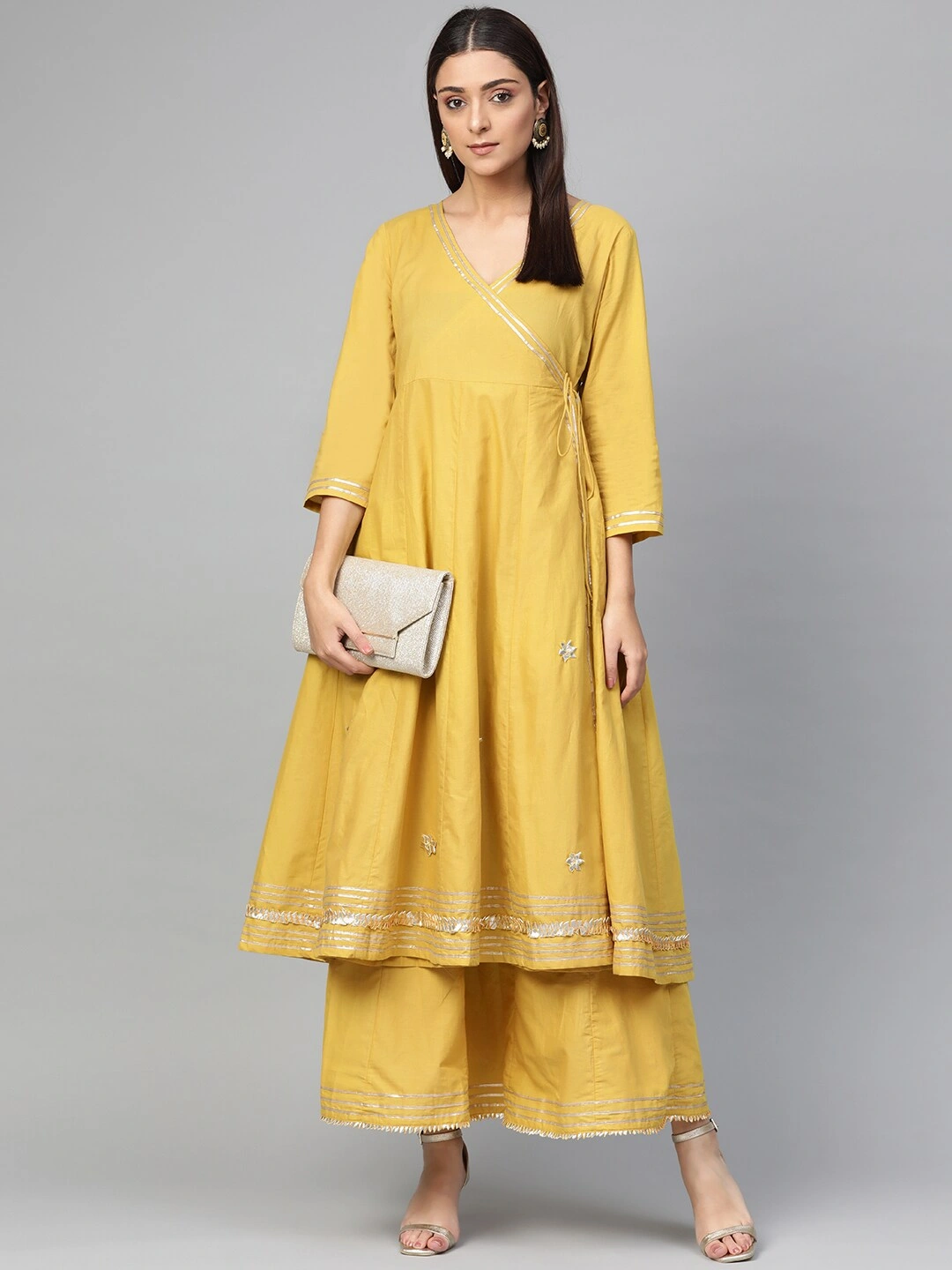 Bhama Couture Women Mustard Yellow Solid Gotta Patti Work Angrakha Kurta with Skirt-L-1