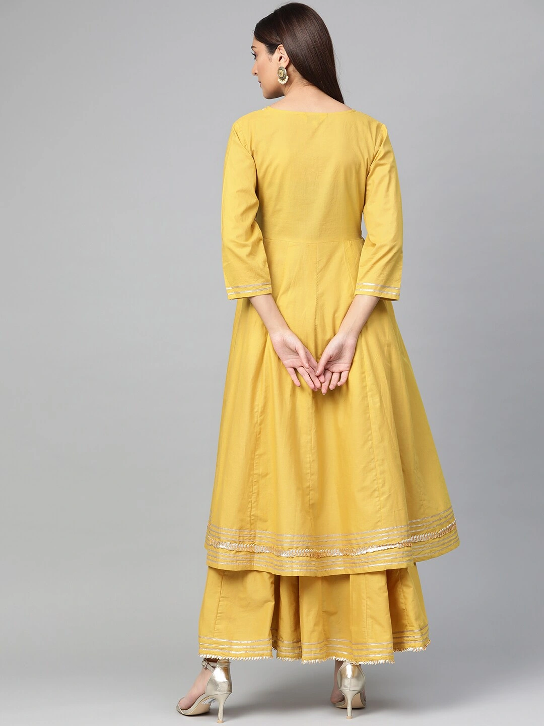 Bhama Couture Women Mustard Yellow Solid Gotta Patti Work Angrakha Kurta with Skirt-L-3