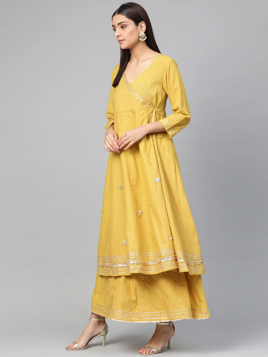 Bhama Couture Women Mustard Yellow Solid Gotta Patti Work Angrakha Kurta with Skirt-M-2