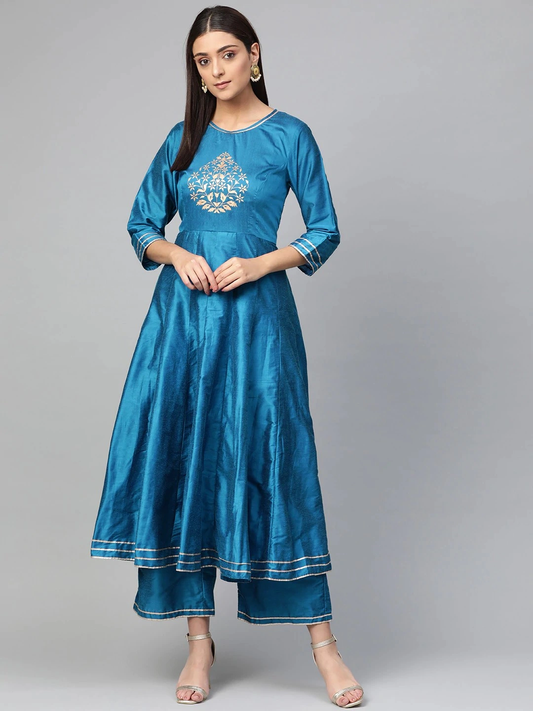 Bhama Couture Women Blue Yoke Design Silk Kurta with Palazzos-BHKS236_L