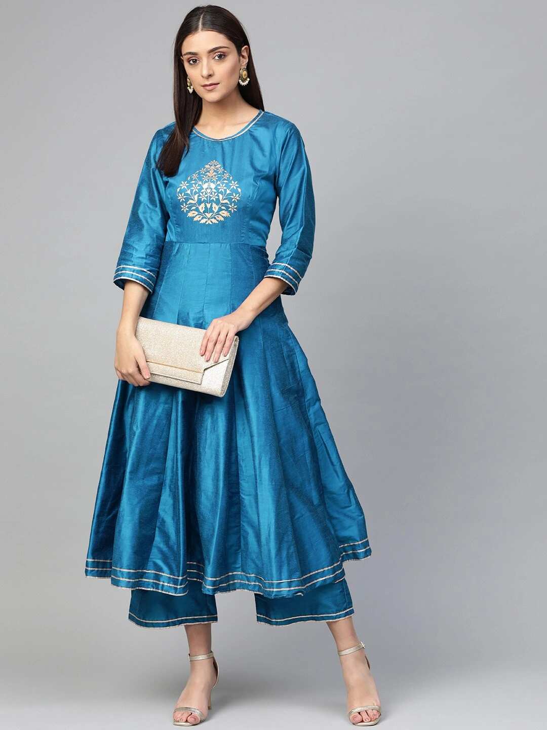 Bhama Couture Women Blue Yoke Design Silk Kurta with Palazzos-M-1