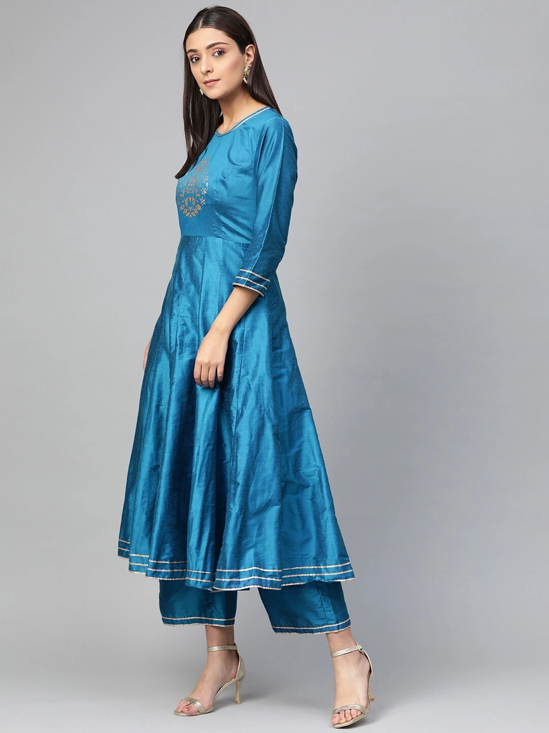 Bhama Couture Women Blue Yoke Design Silk Kurta with Palazzos-XL-2