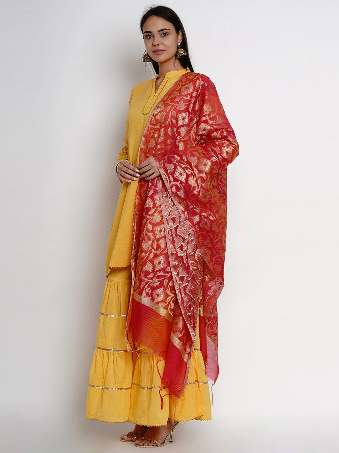 Bhama Couture Women Yellow &amp; Pink Solid Kurta with Sharara &amp; Dupatta-L-1