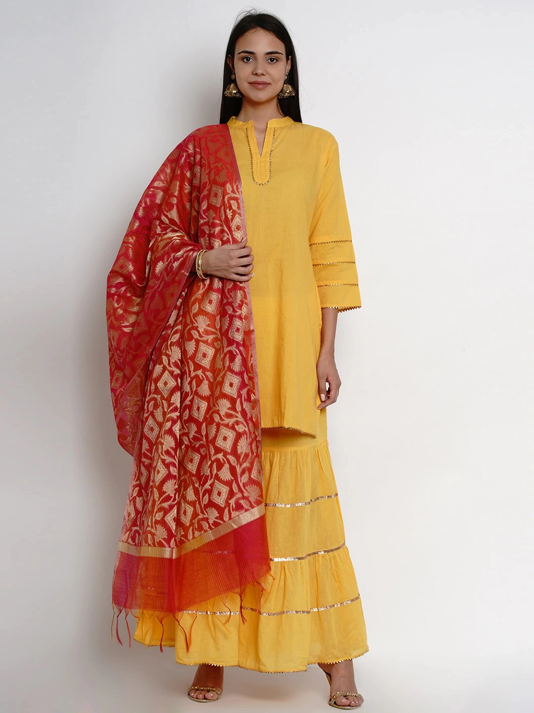 Bhama Couture Women Yellow &amp; Pink Solid Kurta with Sharara &amp; Dupatta-BHKS237_M