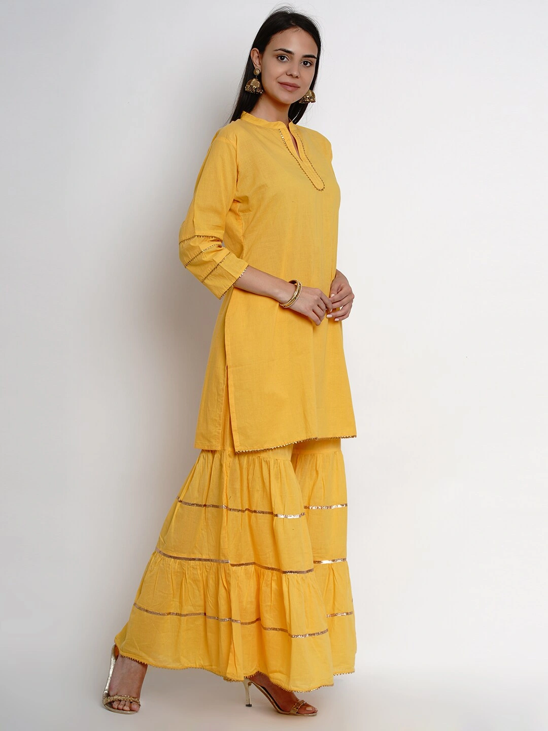 Bhama Couture Women Yellow &amp; Pink Solid Kurta with Sharara &amp; Dupatta-XL-2