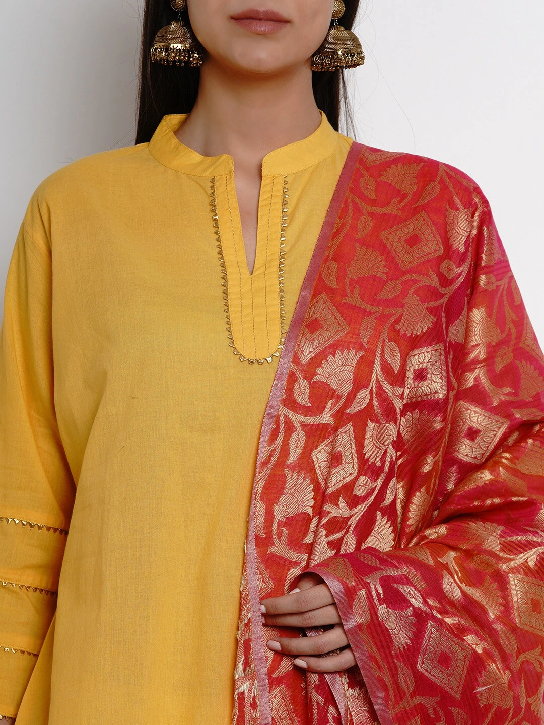 Bhama Couture Women Yellow &amp; Pink Solid Kurta with Sharara &amp; Dupatta-XL-4