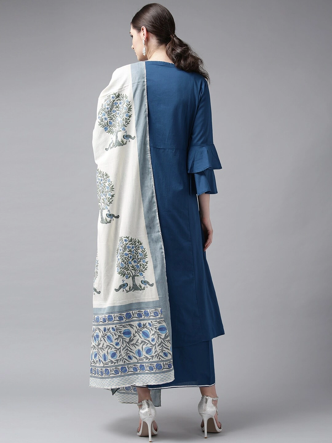 Bhama Couture Women Blue Yoke Design Kurta with Palazzos &amp; Dupatta-M-3