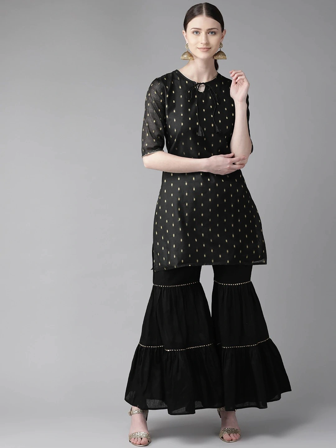 Bhama Couture Women Black &amp; Golden Woven Design Kurta with Sharara-BHKS239_M