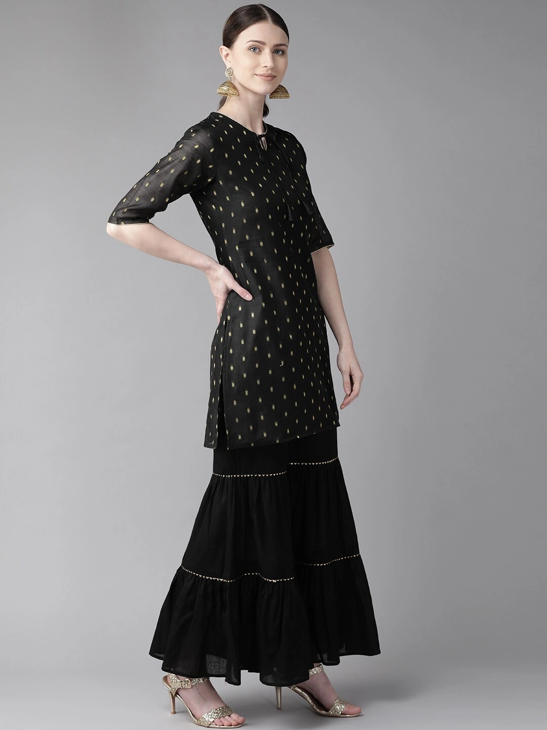 Bhama Couture Women Black &amp; Golden Woven Design Kurta with Sharara-M-2