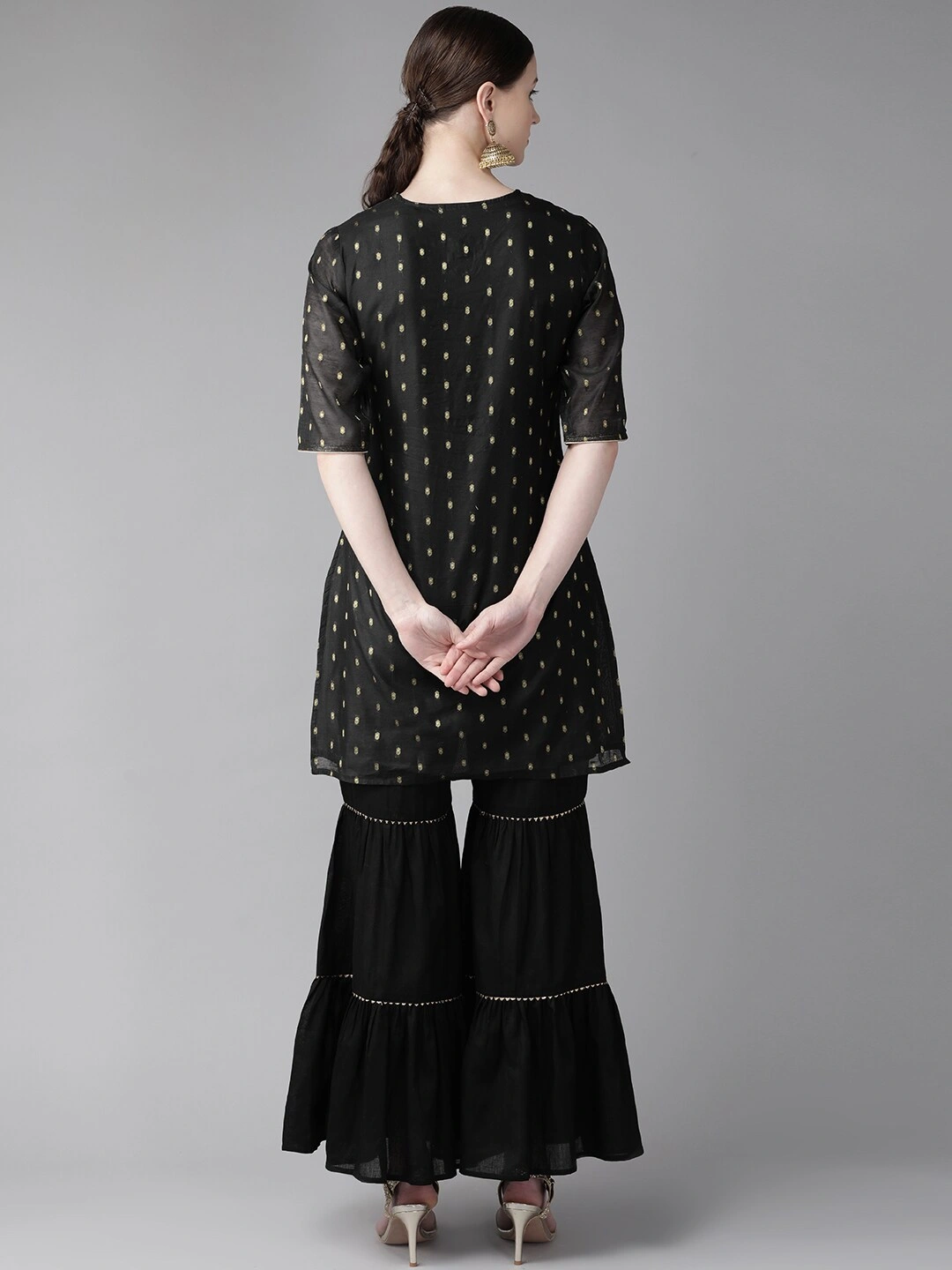 Bhama Couture Women Black &amp; Golden Woven Design Kurta with Sharara-M-3