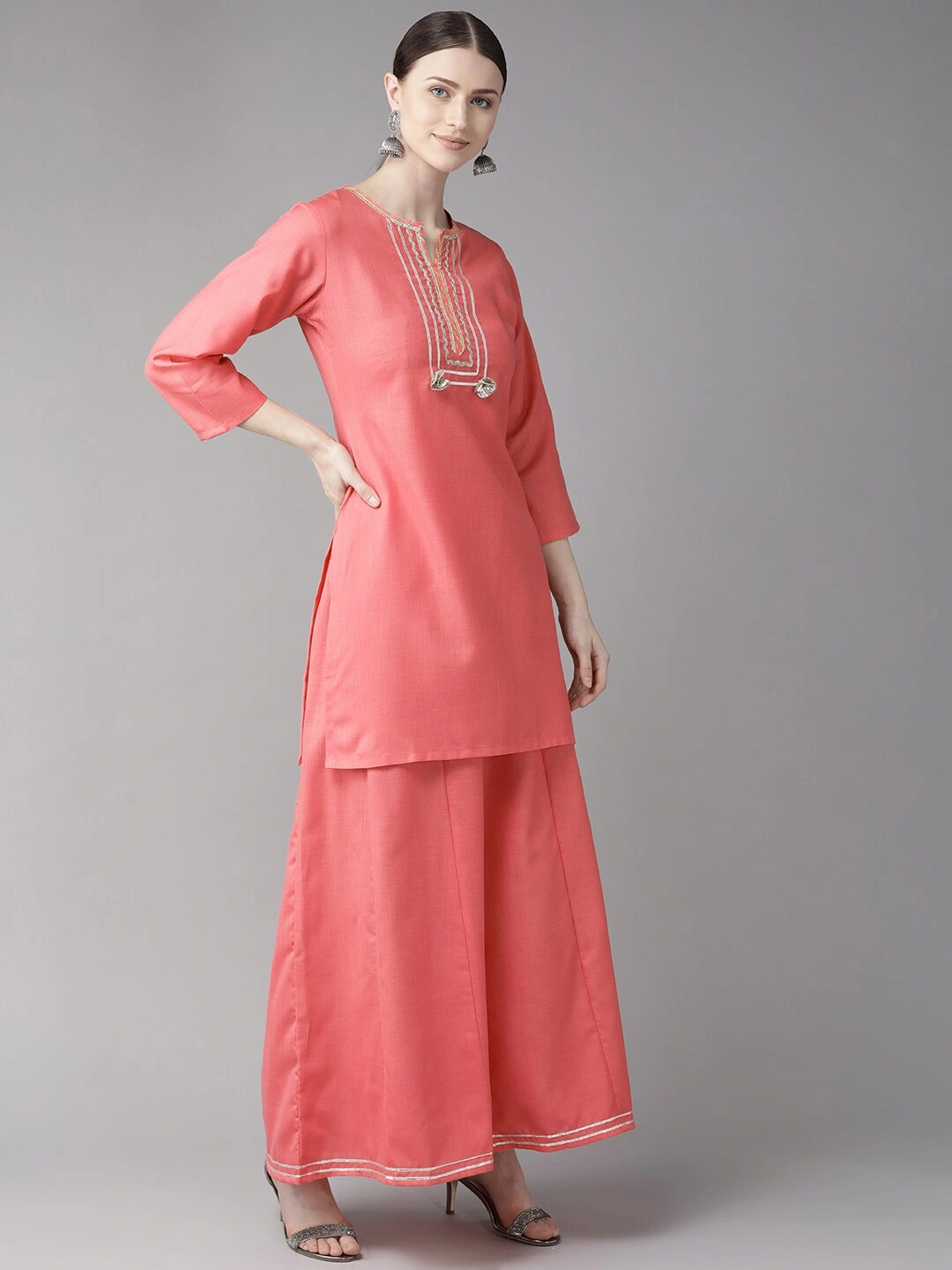 Bhama Couture Women Pink Gotta Patti Yoke Design Kurta with Palazzos-L-2