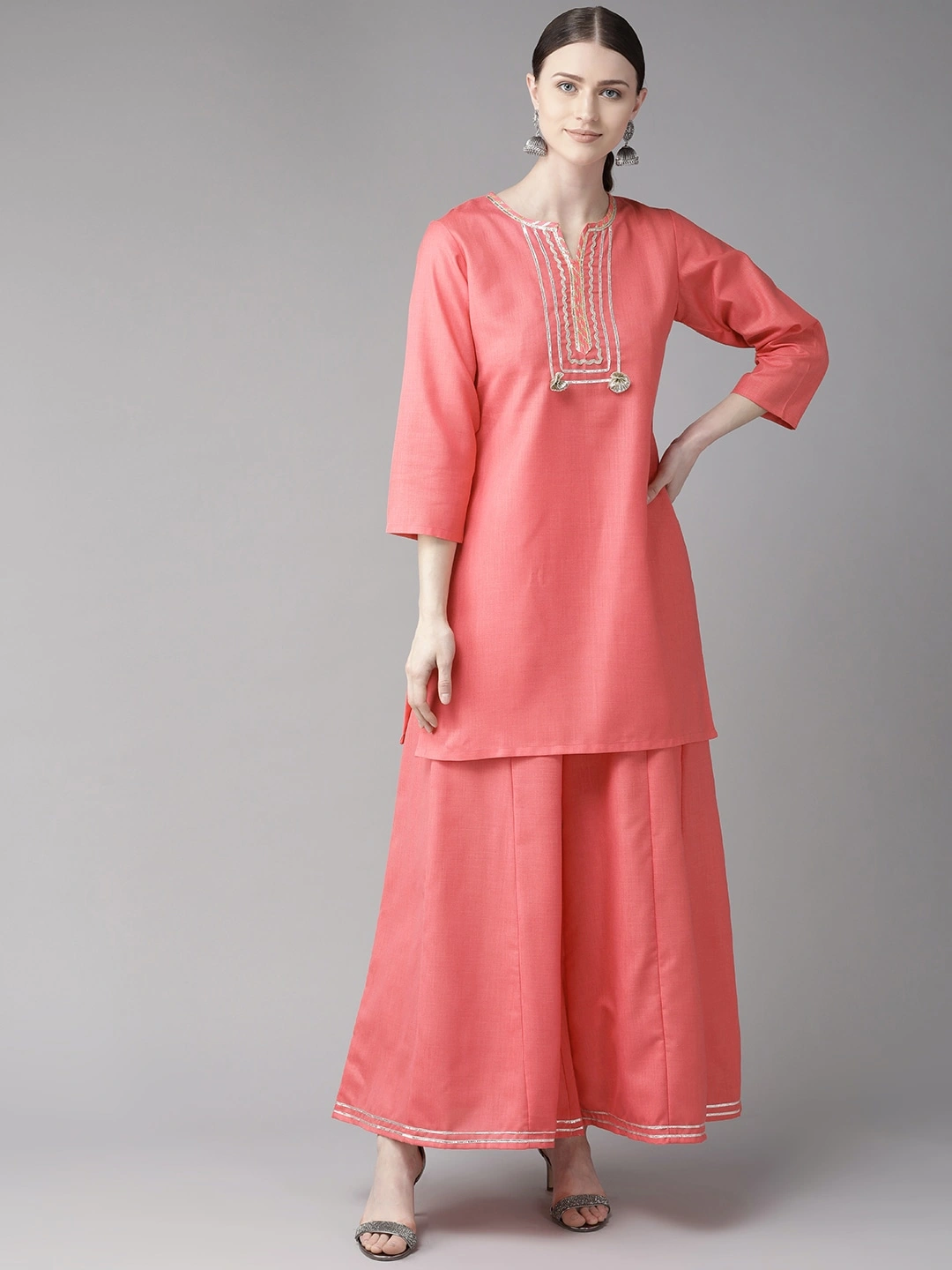 Bhama Couture Women Pink Gotta Patti Yoke Design Kurta with Palazzos-BHKS240-M