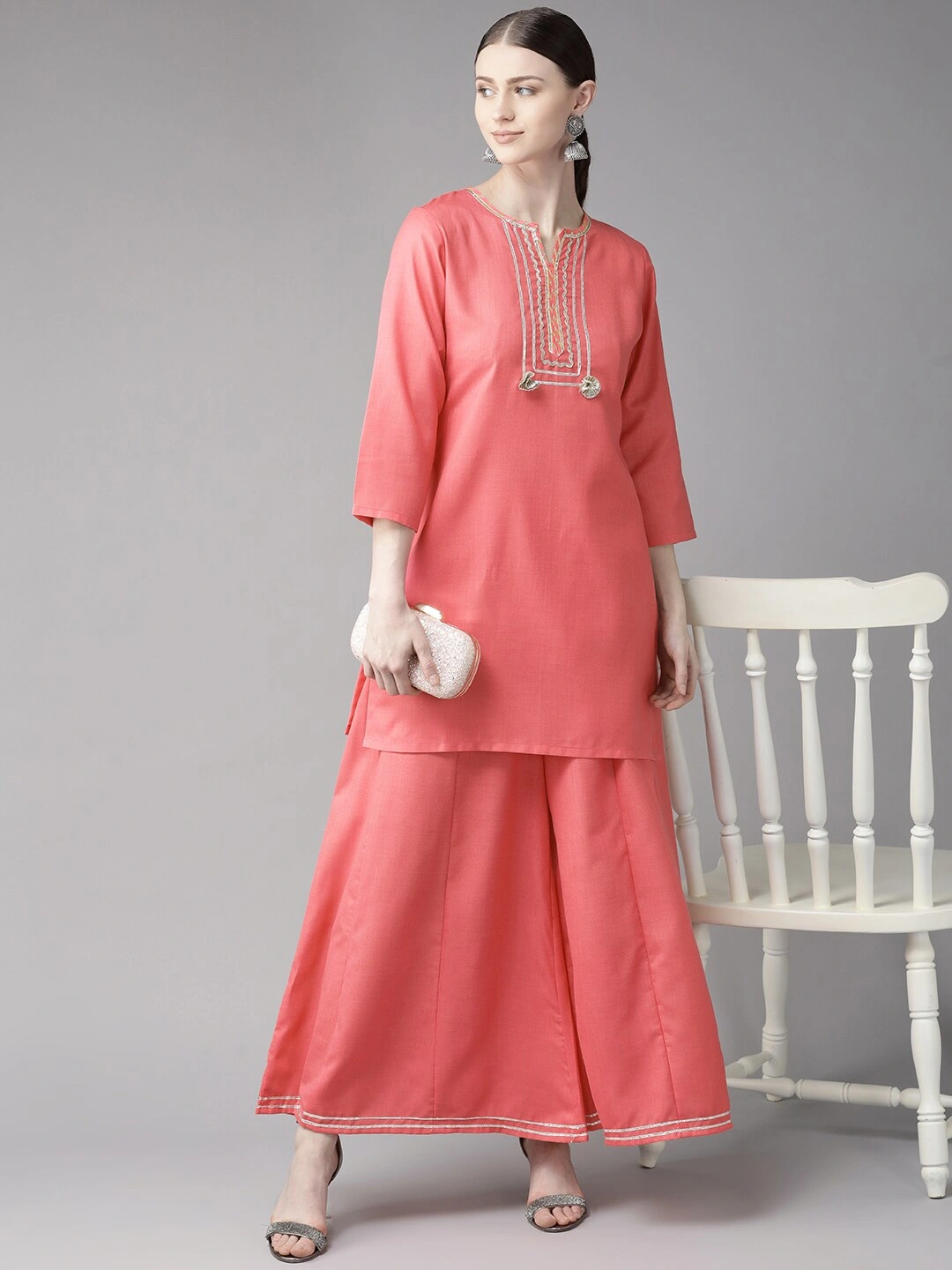 Bhama Couture Women Pink Gotta Patti Yoke Design Kurta with Palazzos-M-1