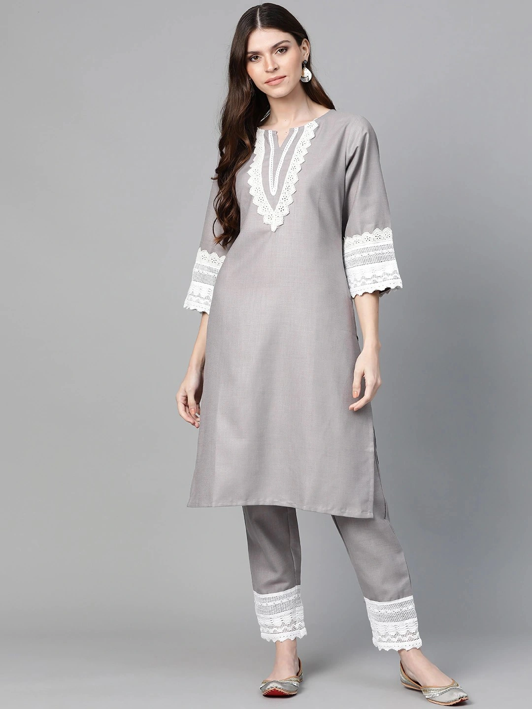 Bhama Couture Women Grey Solid Kurta &amp; Trousers With Lace Insert Detail-BHKS242_L