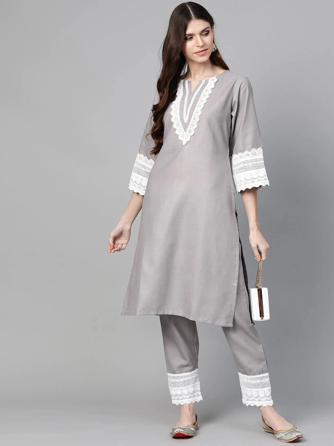 Bhama Couture Women Grey Solid Kurta &amp; Trousers With Lace Insert Detail-L-1