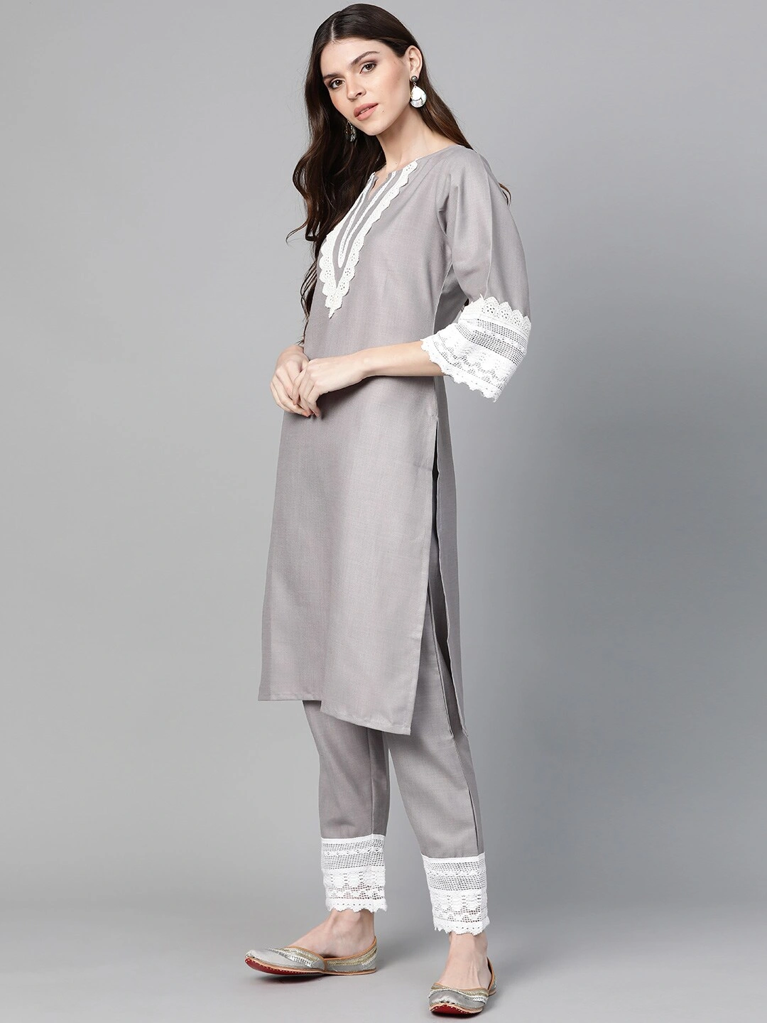 Bhama Couture Women Grey Solid Kurta &amp; Trousers With Lace Insert Detail-M-2