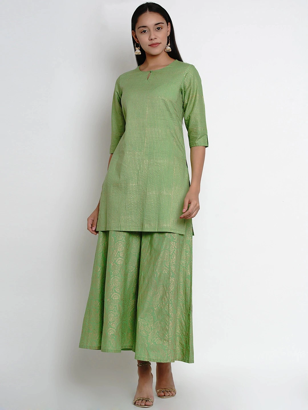 Bhama Couture Women Green &amp; Gold Striped Kurti with Palazzos-BHKS244_L