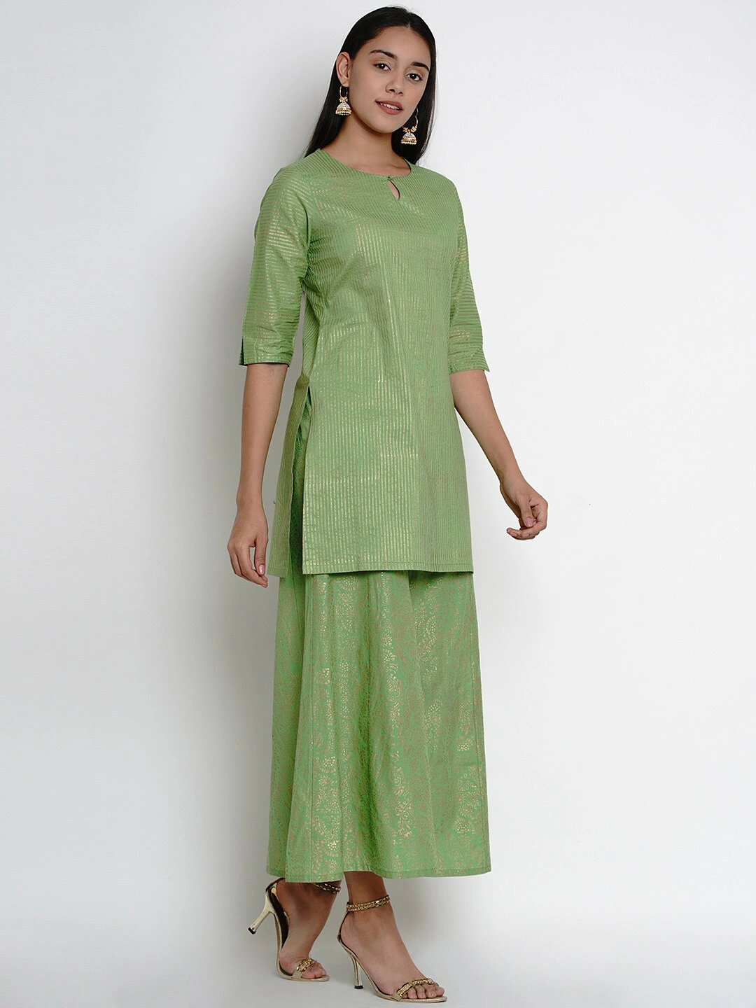 Bhama Couture Women Green &amp; Gold Striped Kurti with Palazzos-L-2