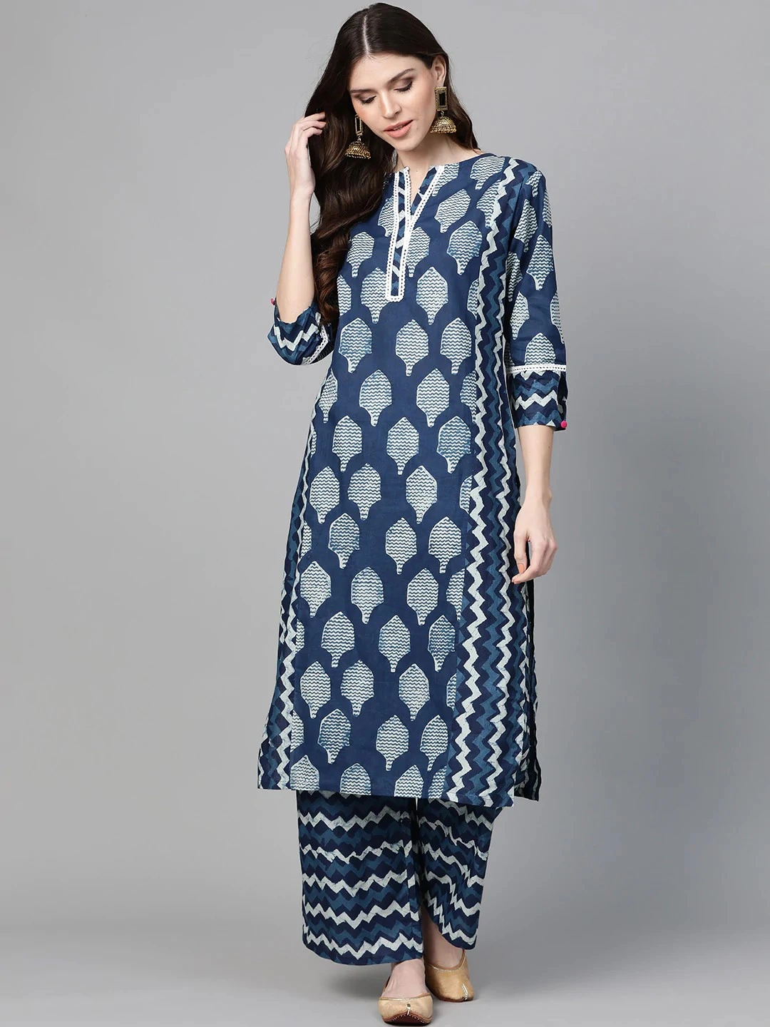 Bhama Couture Women Blue &amp; Off-White Printed Kurta with Palazzos-BHKS245_L