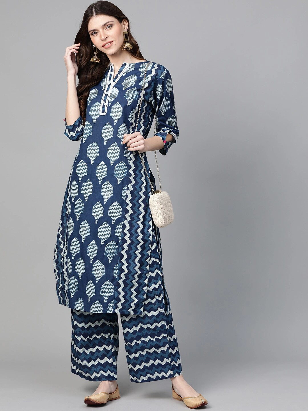 Bhama Couture Women Blue &amp; Off-White Printed Kurta with Palazzos-L-1