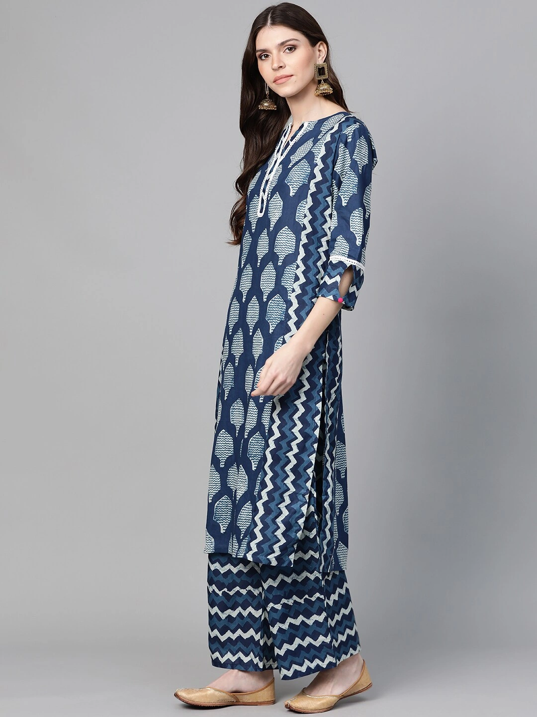 Bhama Couture Women Blue &amp; Off-White Printed Kurta with Palazzos-L-2