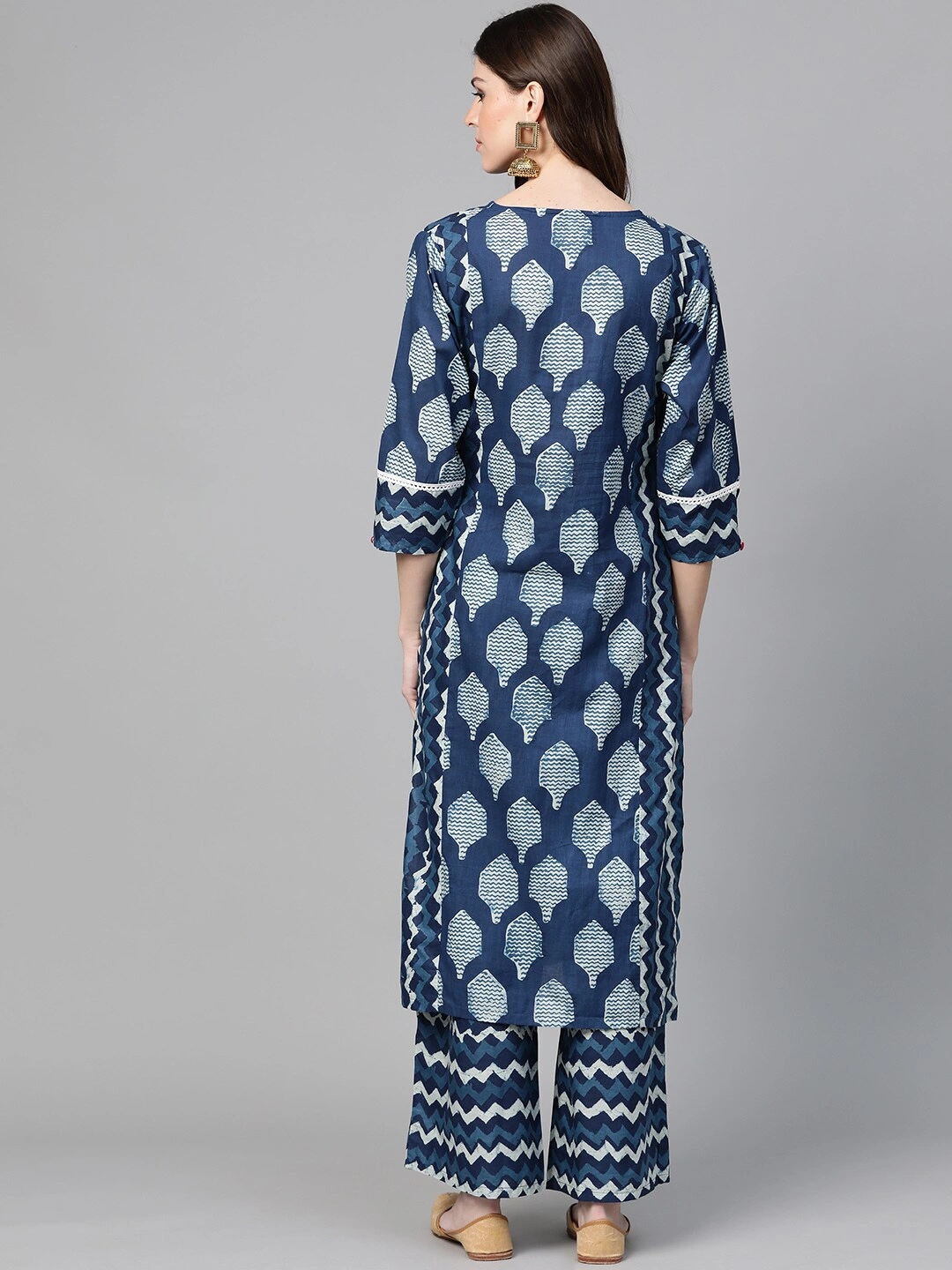 Bhama Couture Women Blue &amp; Off-White Printed Kurta with Palazzos-L-3