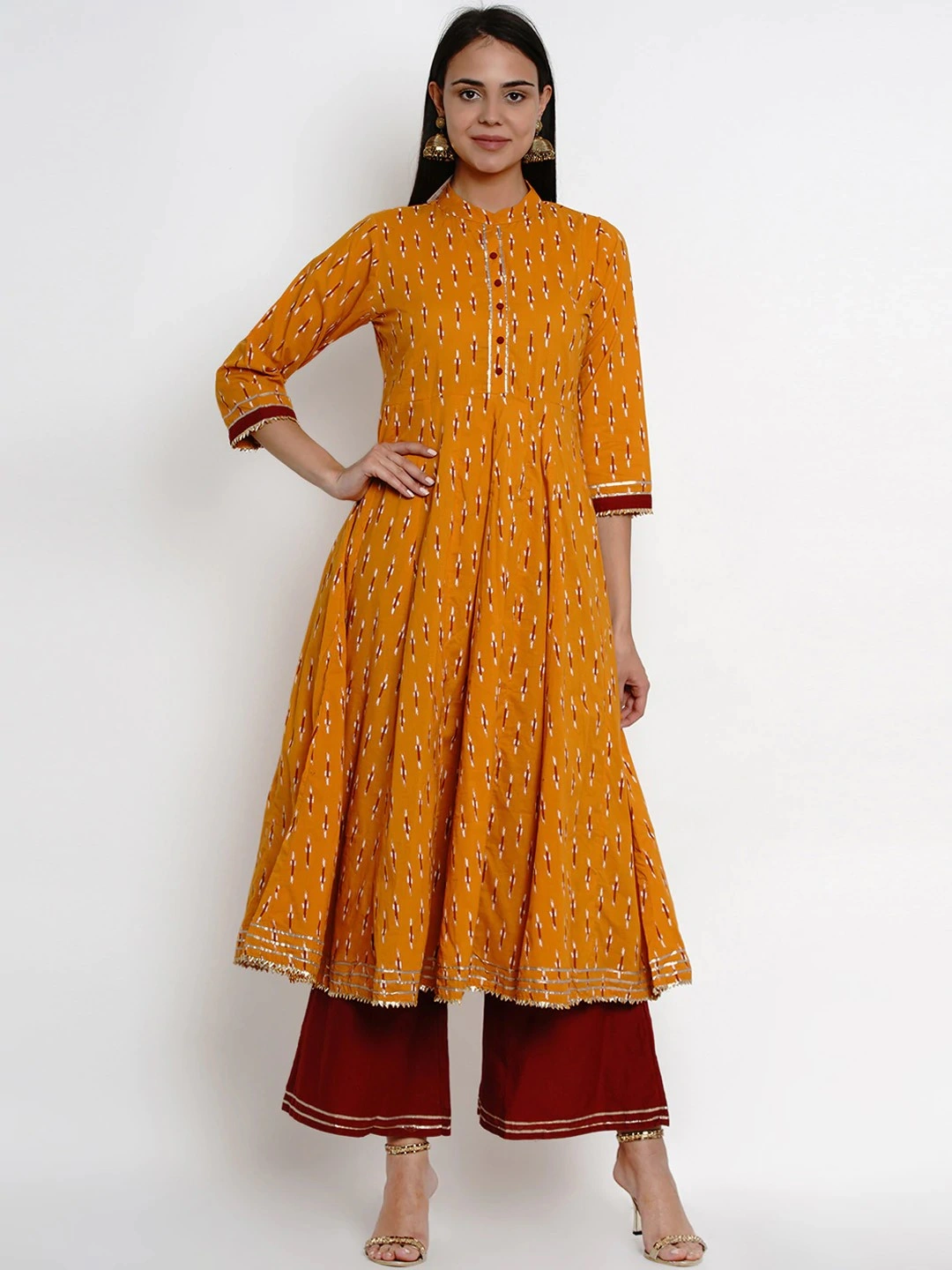 Bhama Couture Women Mustard &amp; Maroon Printed Kurti with Palazzos-BHKS246_L