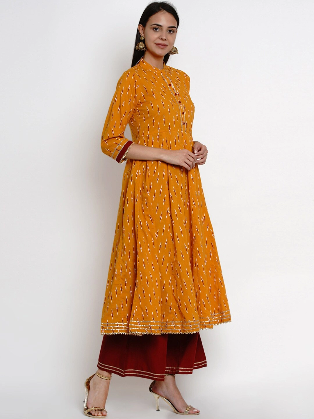 Bhama Couture Women Mustard &amp; Maroon Printed Kurti with Palazzos-L-2