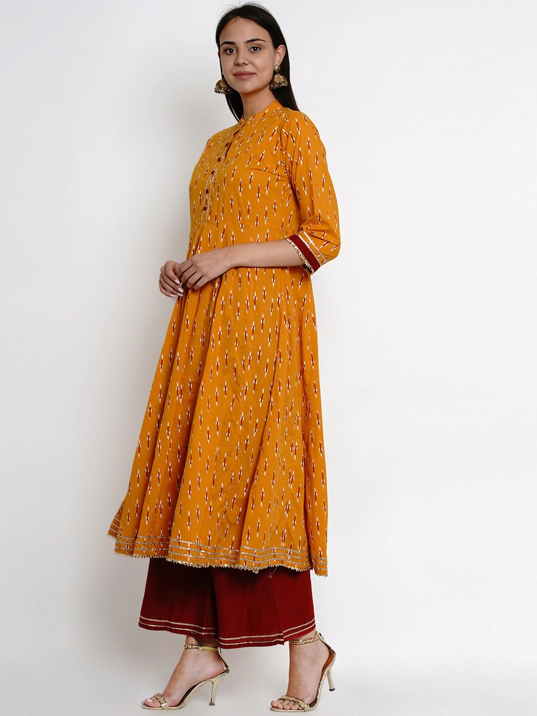 Bhama Couture Women Mustard &amp; Maroon Printed Kurti with Palazzos-M-1