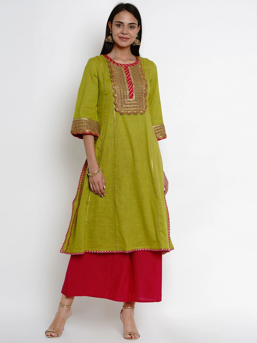 Bhama Couture Women Green &amp; Pink Yoke Design Kurta with Palazzos-BHKS247_L