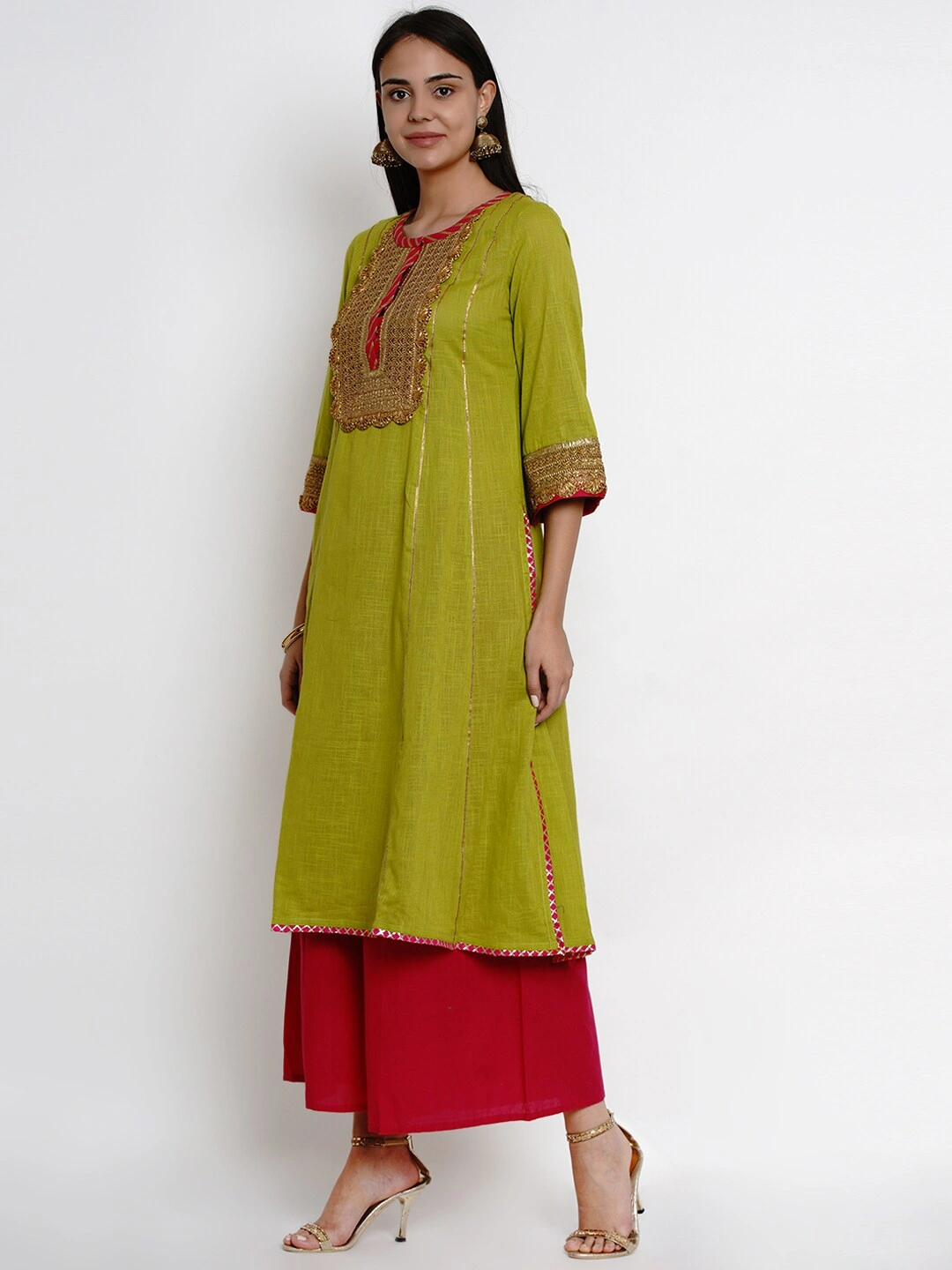 Bhama Couture Women Green &amp; Pink Yoke Design Kurta with Palazzos-L-1