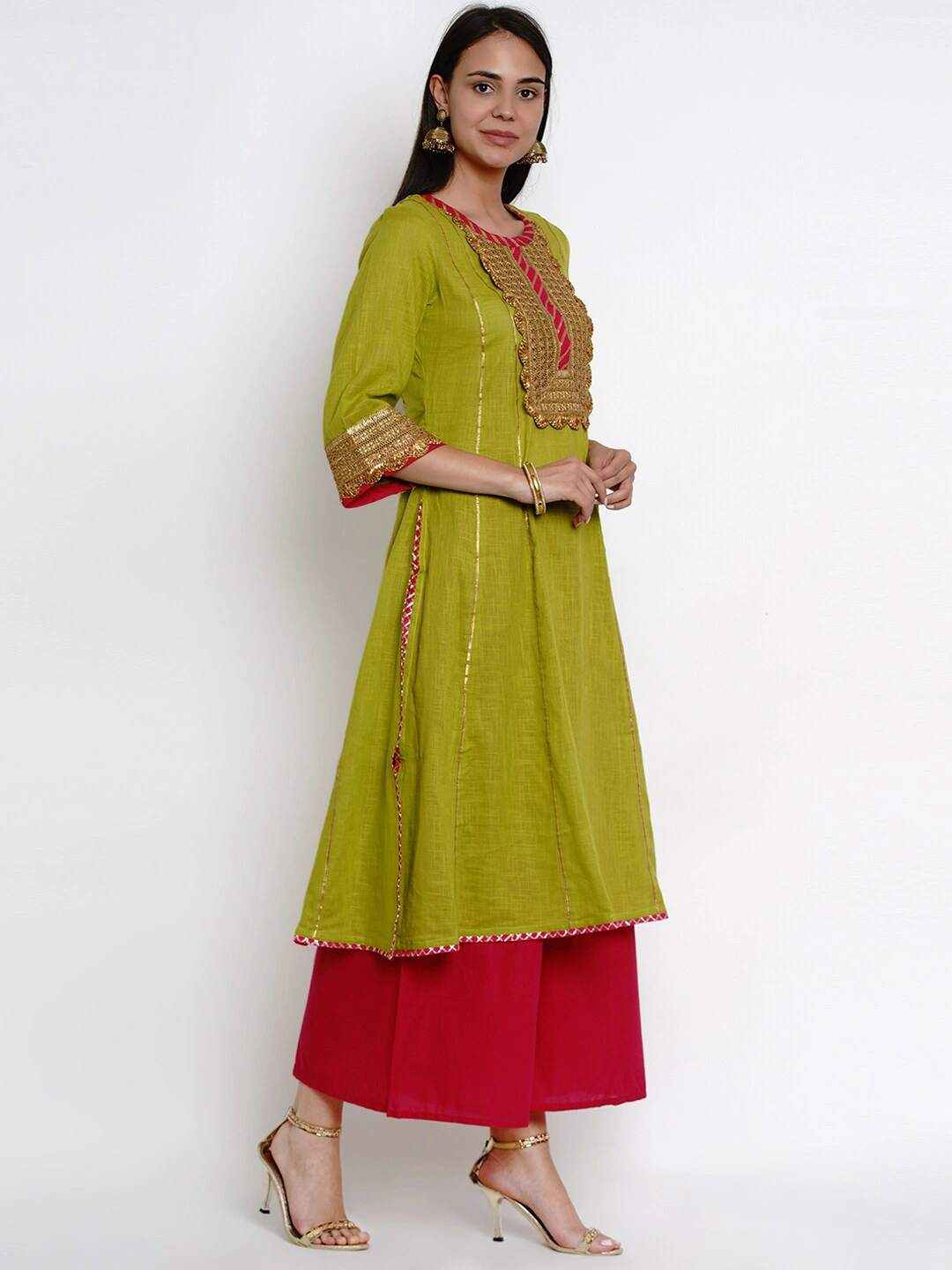 Bhama Couture Women Green &amp; Pink Yoke Design Kurta with Palazzos-L-2