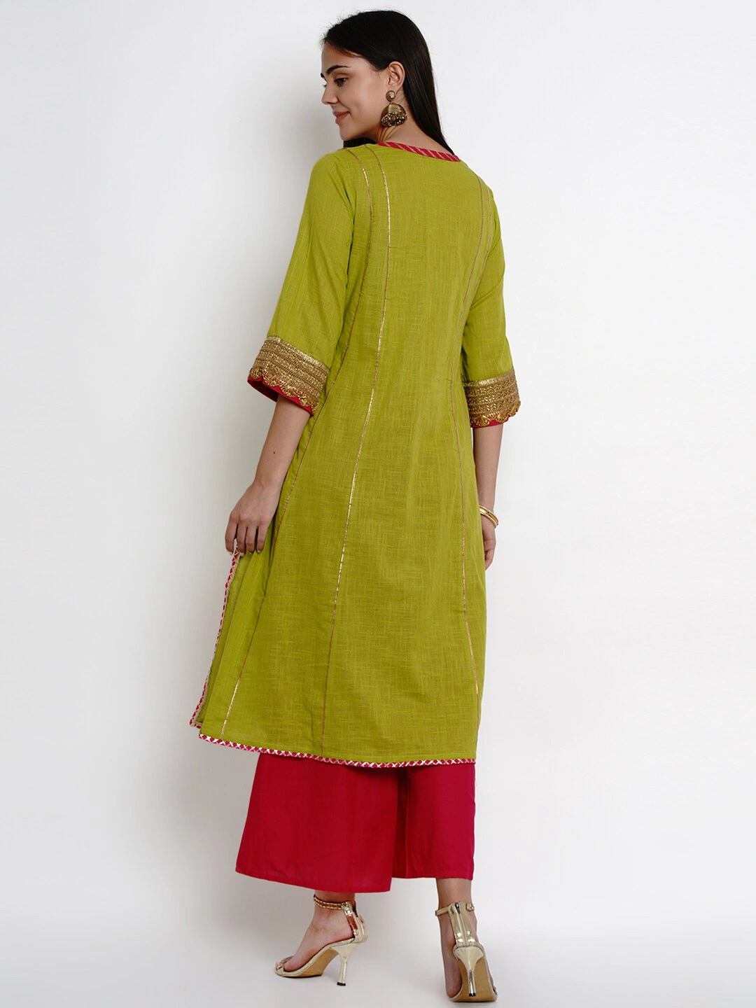 Bhama Couture Women Green &amp; Pink Yoke Design Kurta with Palazzos-L-3