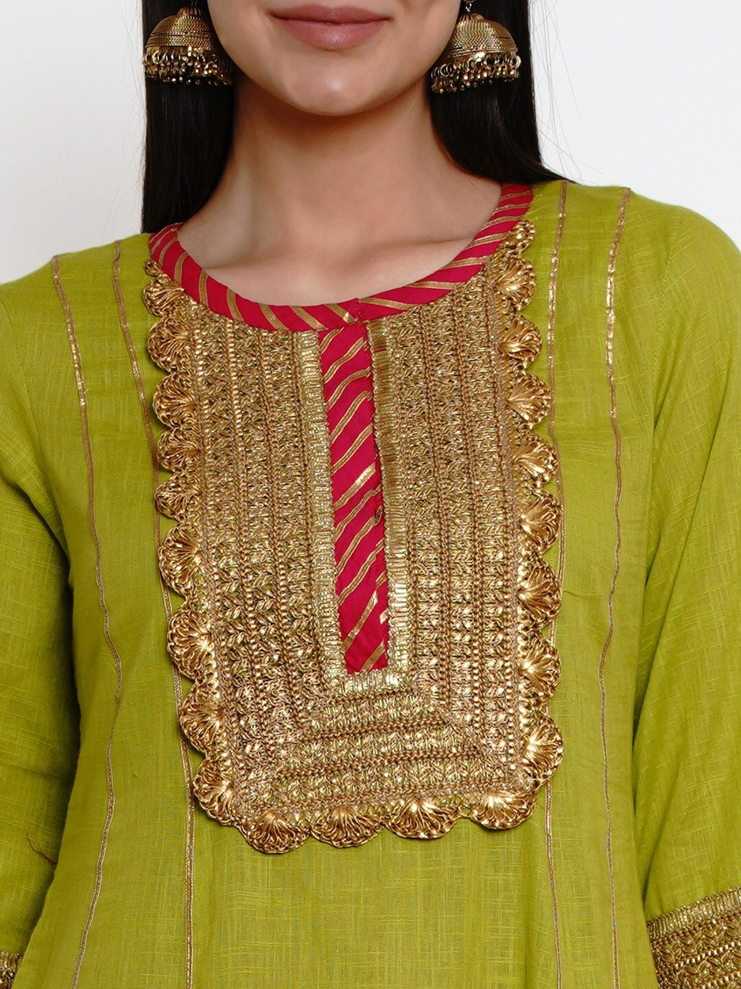 Bhama Couture Women Green &amp; Pink Yoke Design Kurta with Palazzos-L-4