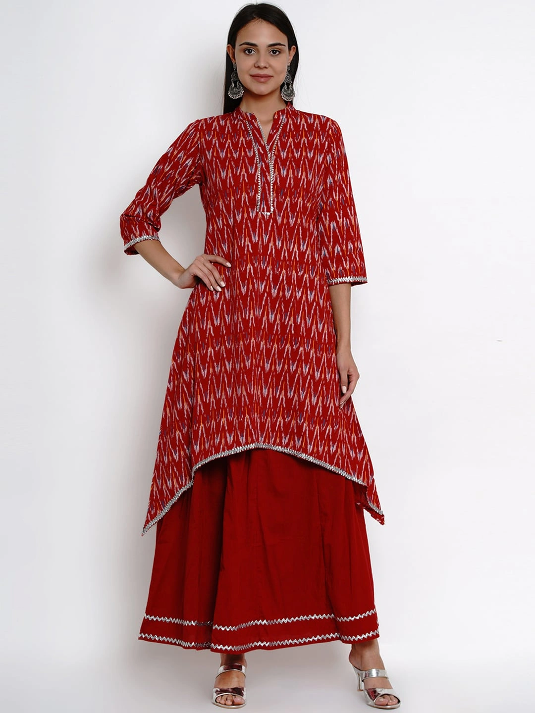 Bhama Couture Women Maroon Printed Kurta &amp; Skirt-BHKS248_M